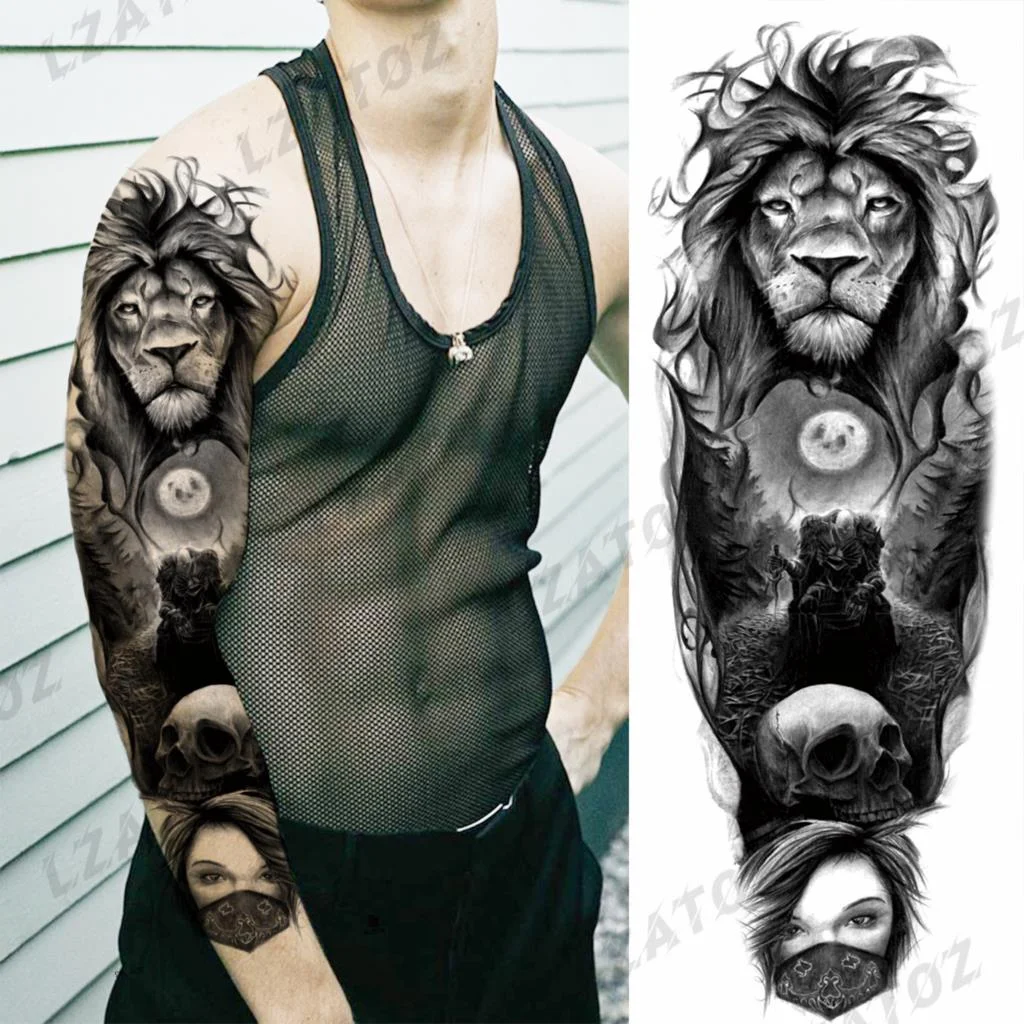 Sdrawing Sleeve Temporary Tattoos For Men Women Realistic Pirate Ship Wolf Tiger Skull Rose Flower Fake Tattoo Sticker Arm Tatoos