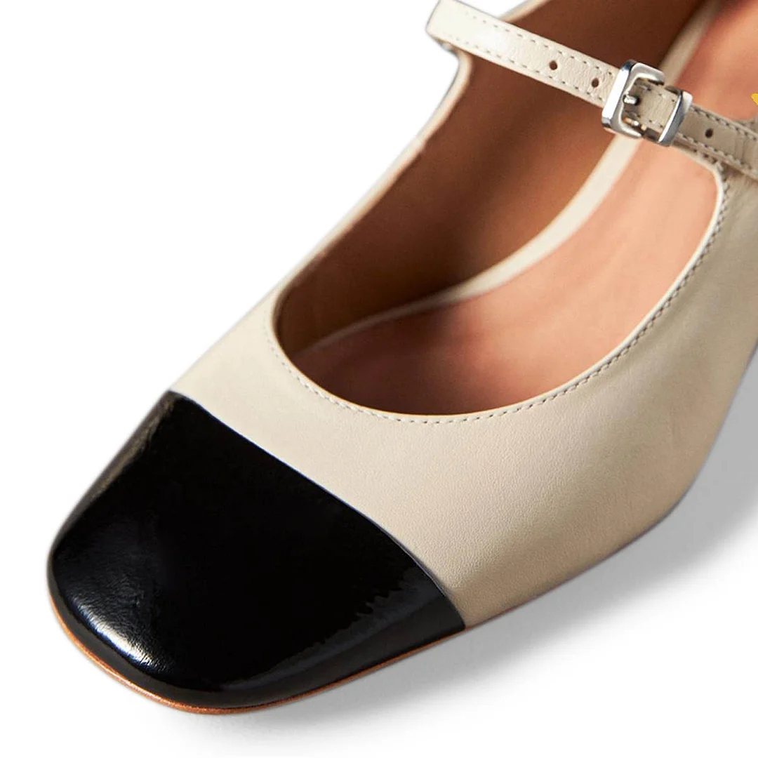 Ivory Vegan Leather Square Toe Decorative Heel Mary Janes for Women