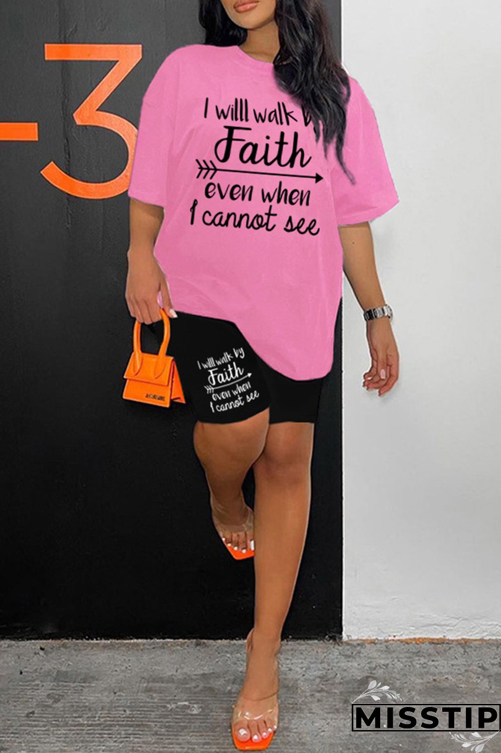 Rose Red Casual Letter Print Basic O Neck Short Sleeve Two Pieces