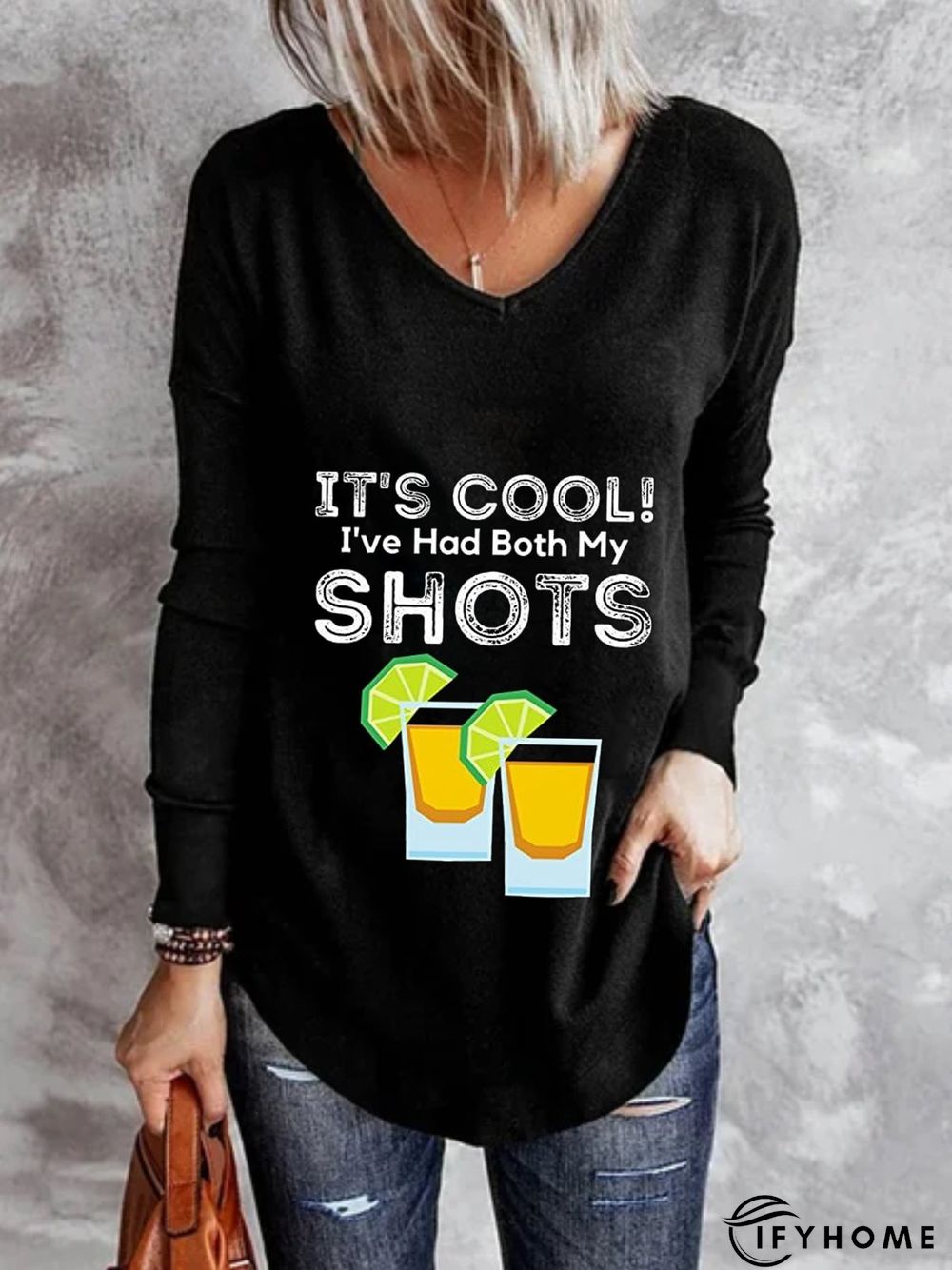 Casual Long Sleeve V Neck Plus Size Printed Tops T-shirts | IFYHOME