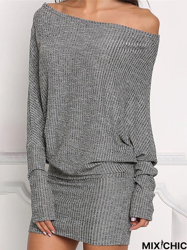 Women's Bodycon Mini Dress Pink Purple Gray Long Sleeve Pure Color Cold Shoulder Winter Fall Autumn Off Shoulder Stylish Winter Dress Weekend Fall Dress 2022 S M L XL