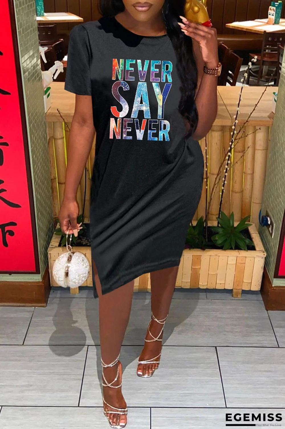 Black Fashion Casual Letter Print Slit O Neck Short Sleeve Dress | EGEMISS