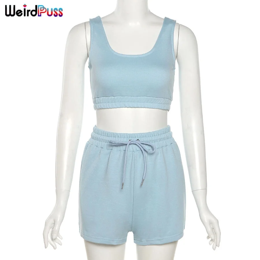 Weird Puss 2 Piece Sets Women Casual Cotton Tracksuit Fitness Tank Top Drawstring Shorts Activity Stretchy Summer Street Outfits