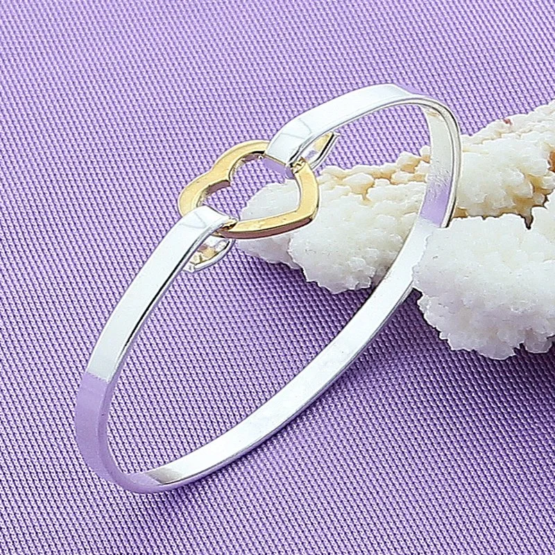 DOTEFFIL 925 Sterling Silver Gold Heart Bangle Bracelet For Woman Jewelry