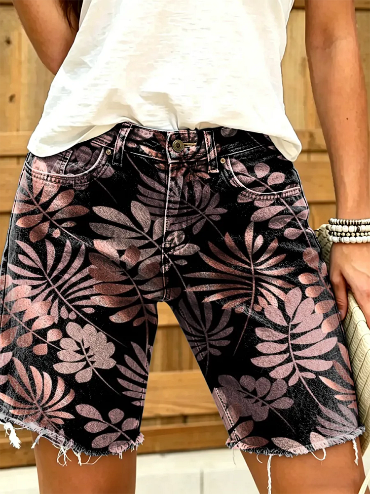 Women's Palm Leaf Print Denim Bermuda Shorts