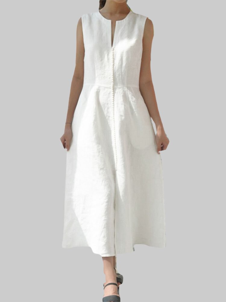 Lace Patch Round V-neck Pocket Sleeveless Cotton Dress with Belt