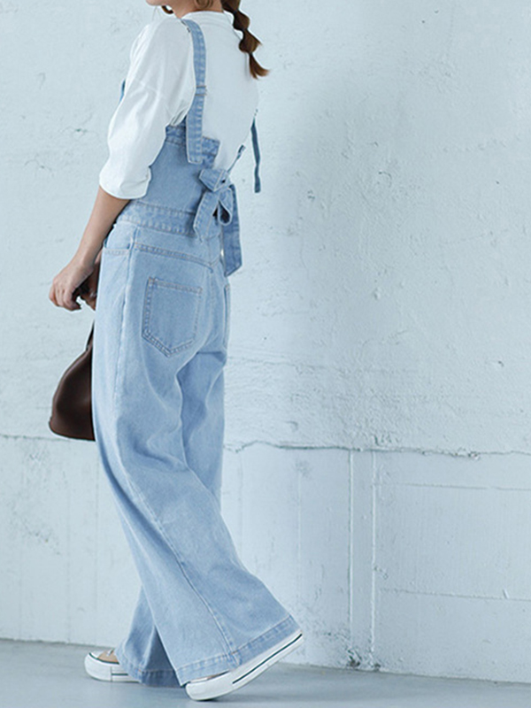 Casual Back Bow Tie Denim Jumpsuit