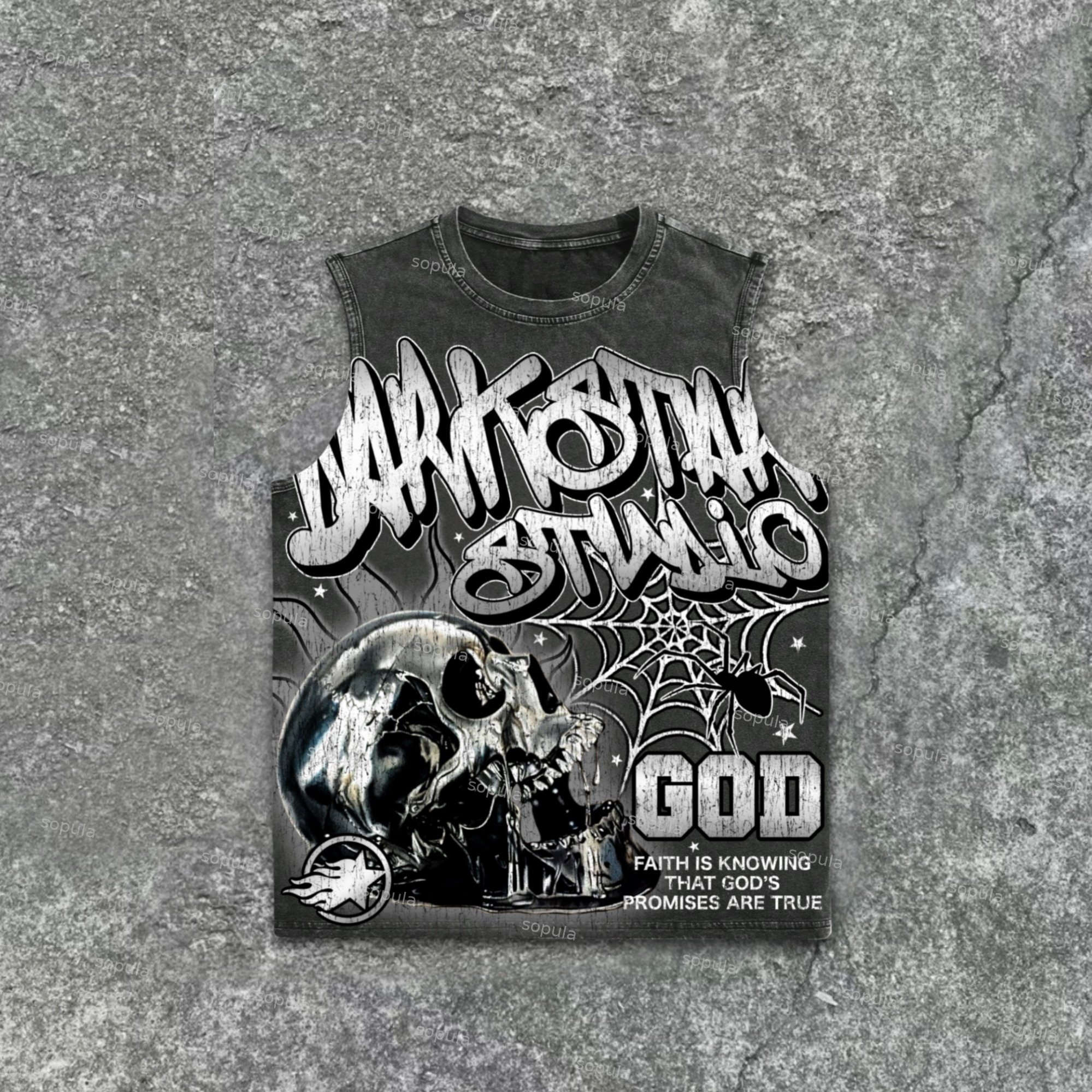 Sopula Darkstar-God's Skull Print Graphic Acid Washed Sleeveless Tank Top