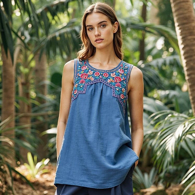 Women's Ethnic Floral Linen Vest