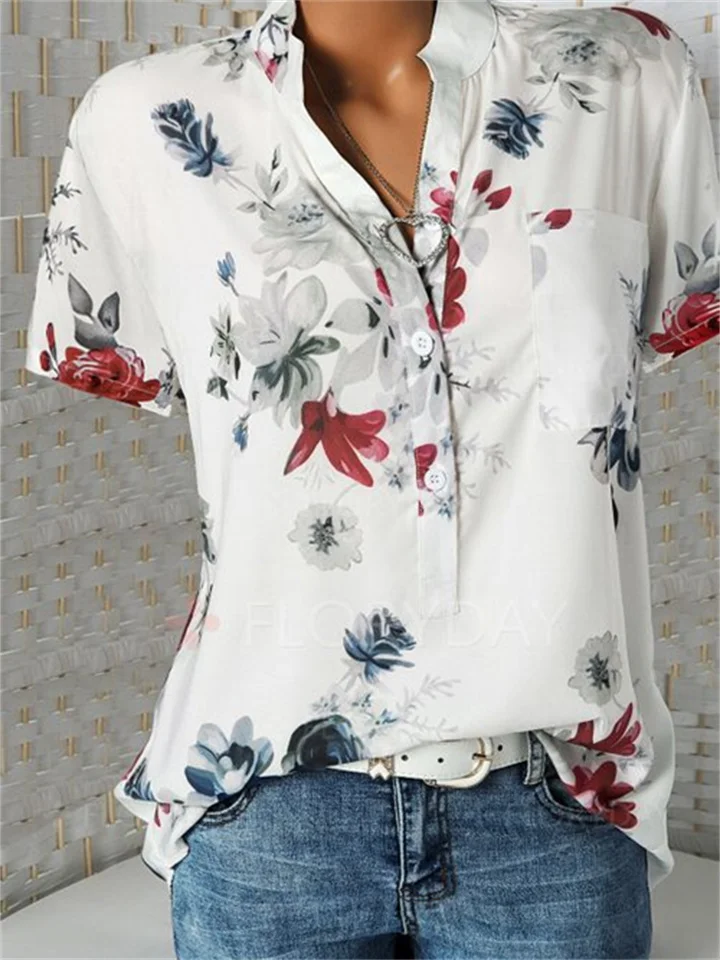 Ladies Hot Popular Fashion Printed V-Neck Short Sleeve Shirt Tops 10 Color Plus Size Shirt-Cosfine