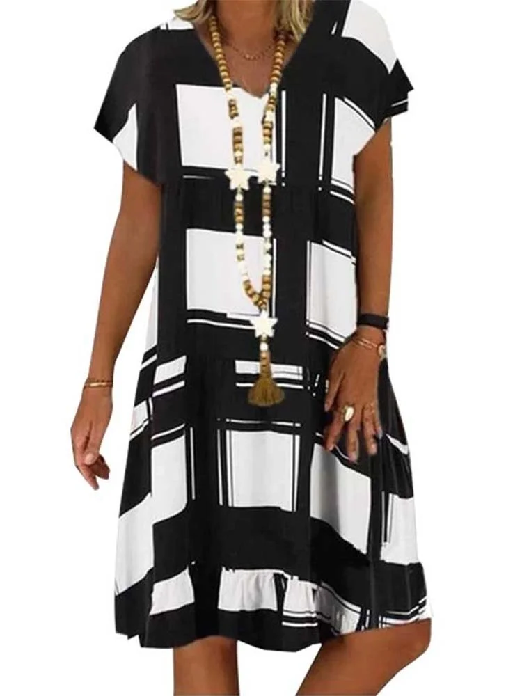 Summer Lattice Print Casual Dress Women's V-neck Short Sleeve Vintage Dresses For Women Plus Size Beach Boho Loose Midi Dress