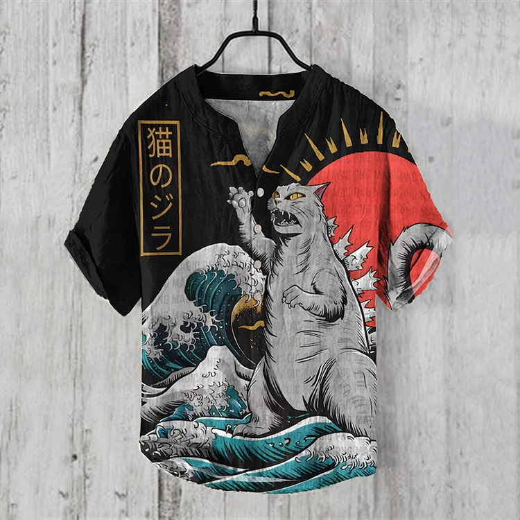 Abstract Creative Funny Catzilla In The Waves Of Kanagawa Pattern Print Linen Blend Shirt