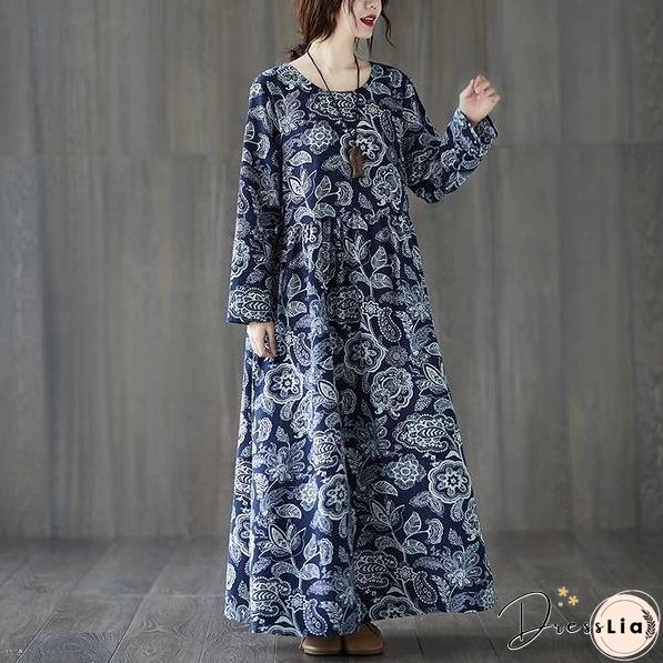 long sleeve cotton linen plus size vintage floral for women casual loose autumn dress