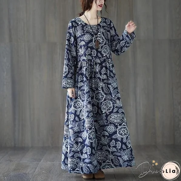 long sleeve cotton linen plus size vintage floral for women casual loose autumn dress