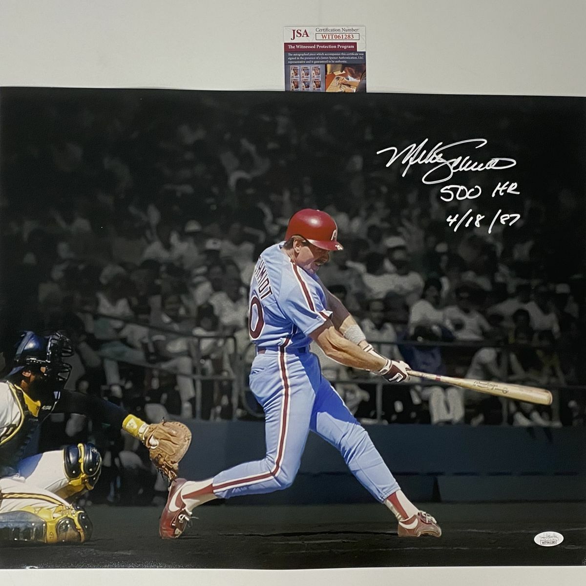 Autographed/Signed MIKE SCHMIDT 500th HR Inscribed Phillies 16x20 Photo Poster painting JSA COA