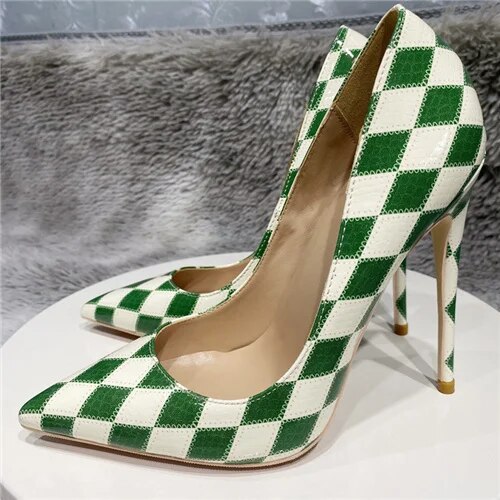 VCshoes Diamond Check Pumps Green White Women Ladies 12cm Stiletto High Heels Ladies Pointed Toe Party Shoes QP165