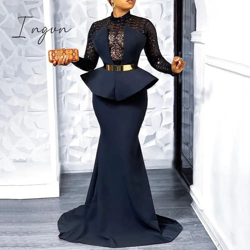 Ingvn - Elegant Floor Length Long Evening Party Dress Women Sexy Lace Sheer Sleeve Plus Size Tunic