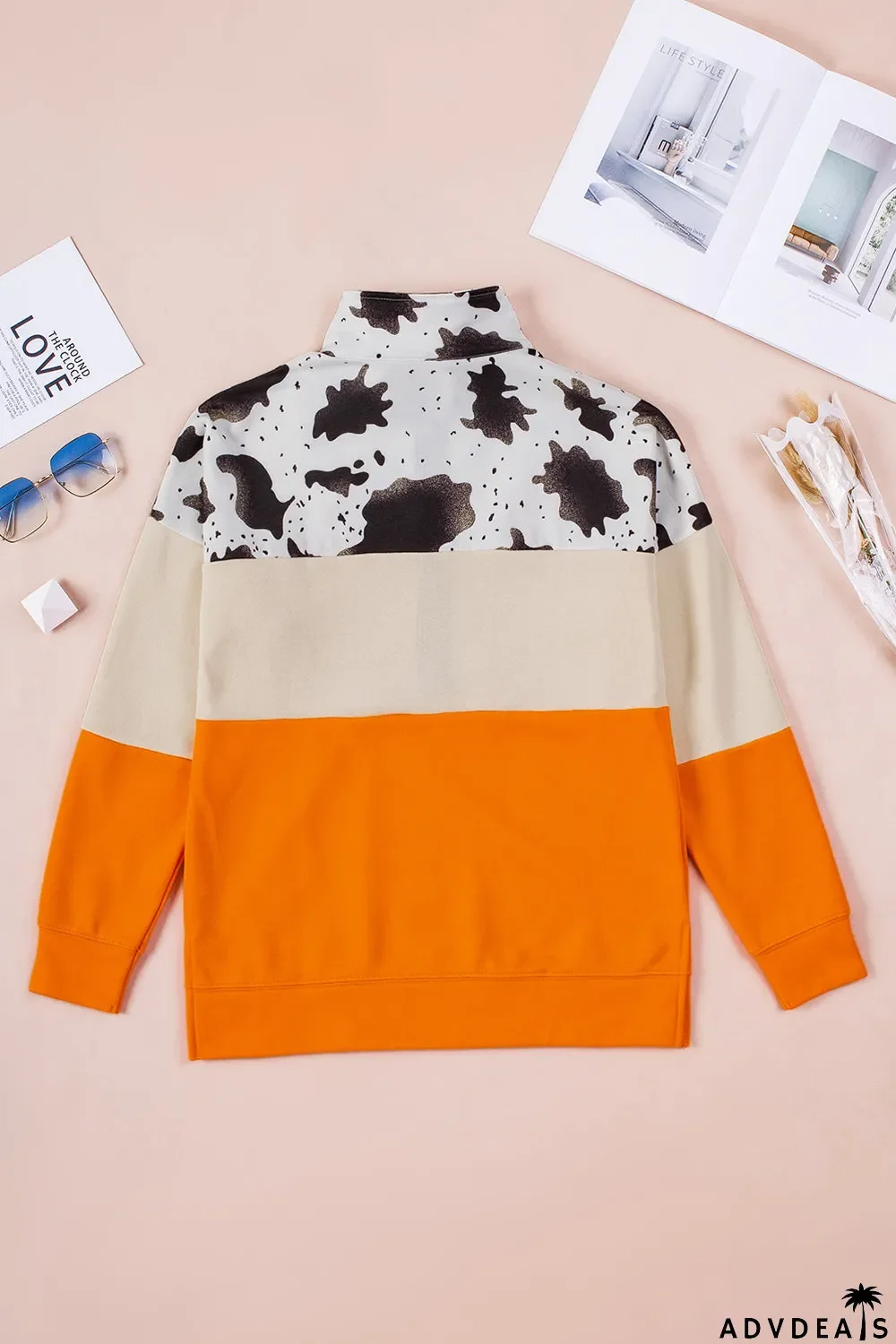 Cow Print Color Block Zip-Up Pullover Sweatshirt