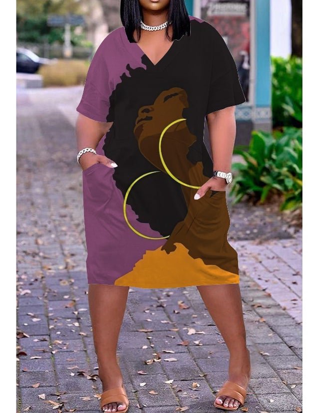 3D printed loose plus size v-neck mid-sleeve dress