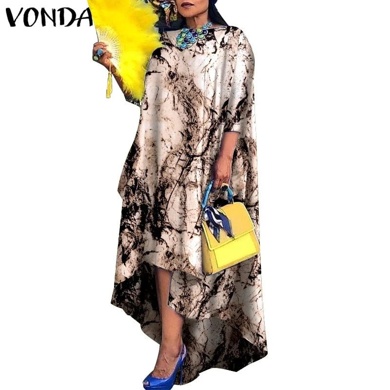 Women Dress 2022 VONDA Vintage Printed Asymmetric Party Long Maxi Dress Femme Robe Beach Sundress Casual Vestido Plus Size Robe