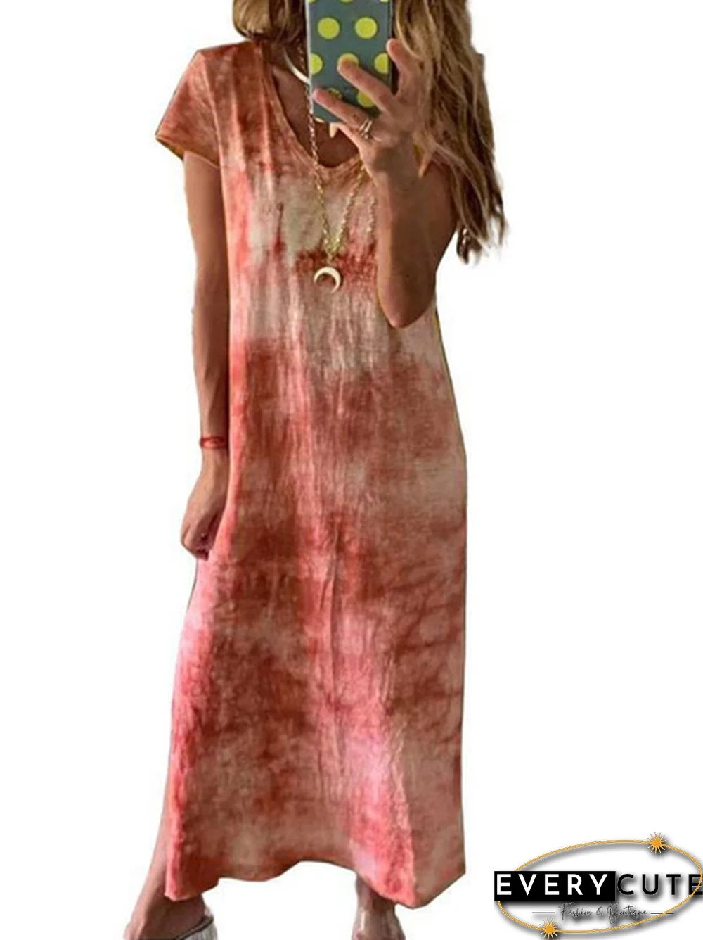 Summer Fashion Tie-Dye Short Sleeve Long Dress Loose V Neck  Maxi Dress