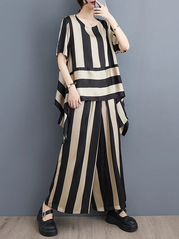 Irregular Clipping Loose Striped Round-Neck T-Shirt + Wide Leg Pants Two Pieces Set