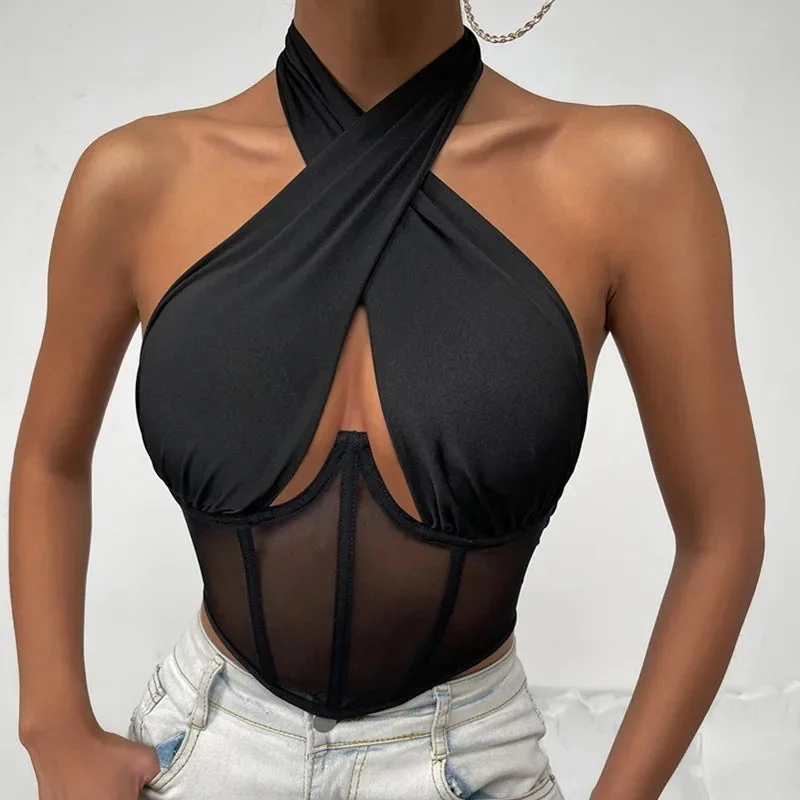 Oocharger Sexy Cross Halter Corset Bustier Mesh Bone Tank Tops Women Tie Up Wrap Tube Tops Backless Slim Fit Cut Out Front Tops