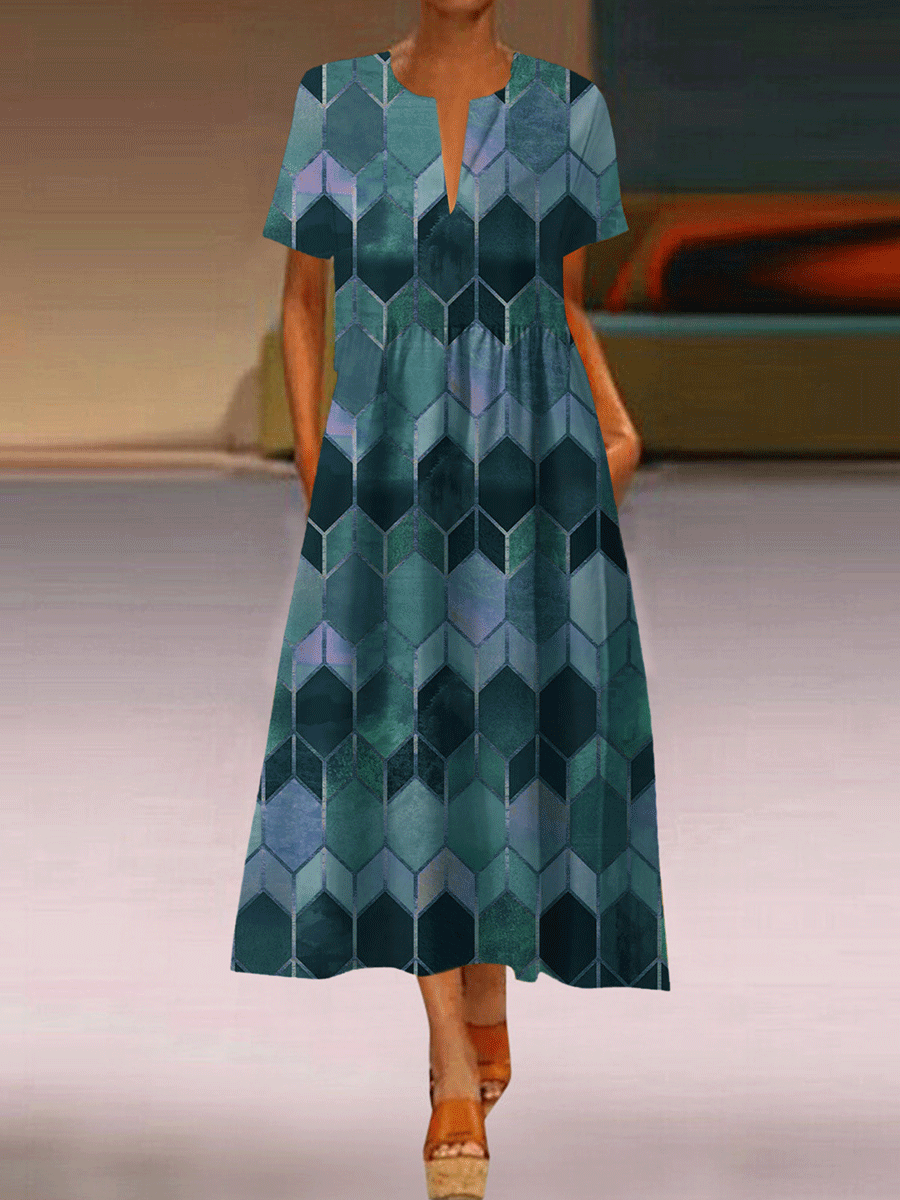 Lingge Printed V-neck Short Sleeve Fashion and Floor Dress