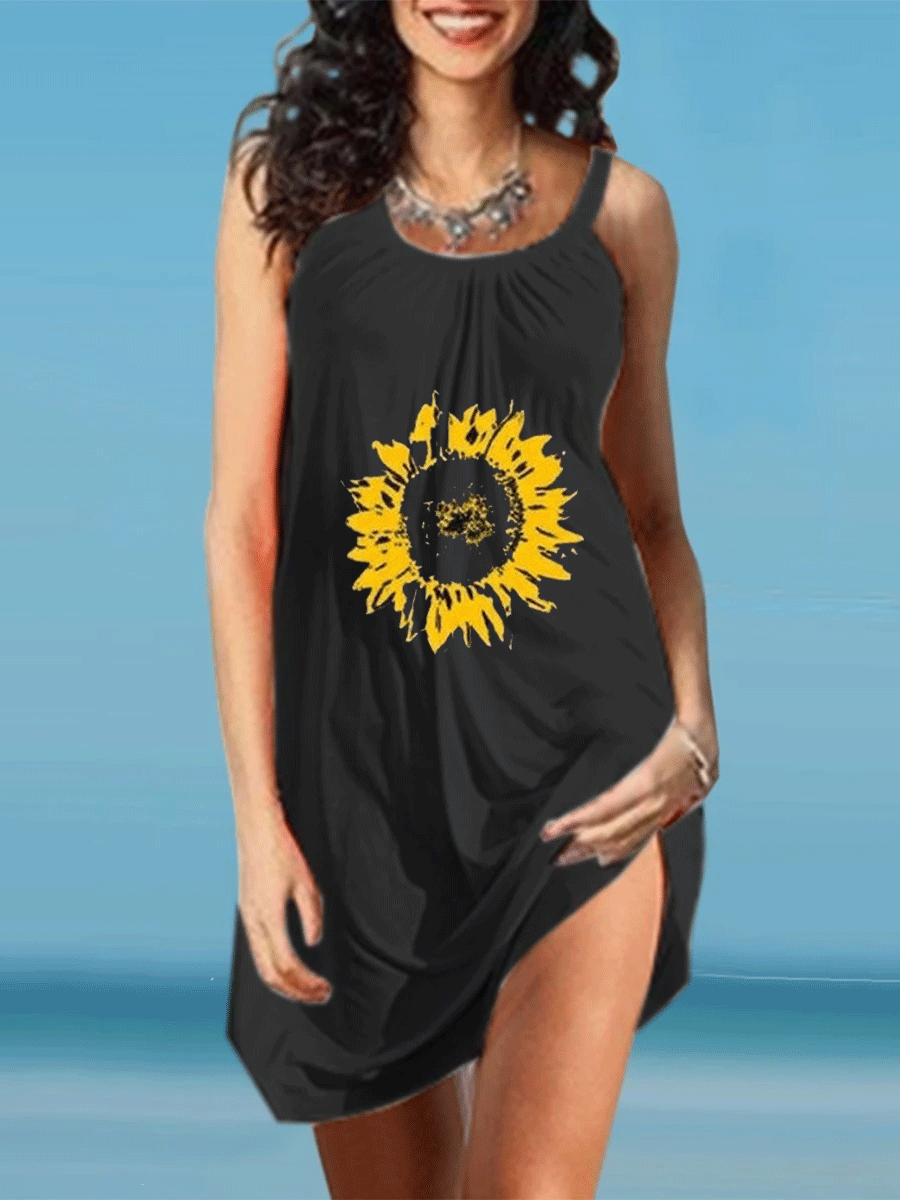 Sunflower Print V-neck Rhinestone Pleated Beach Dress