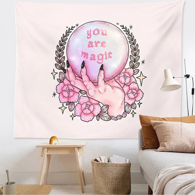 Vintage Tarot Card Pink Tapestry Ouija It Will All Be OK Dorm Room Decoration Pink Boho Home Decor Psychedelic Sun Moon Wall