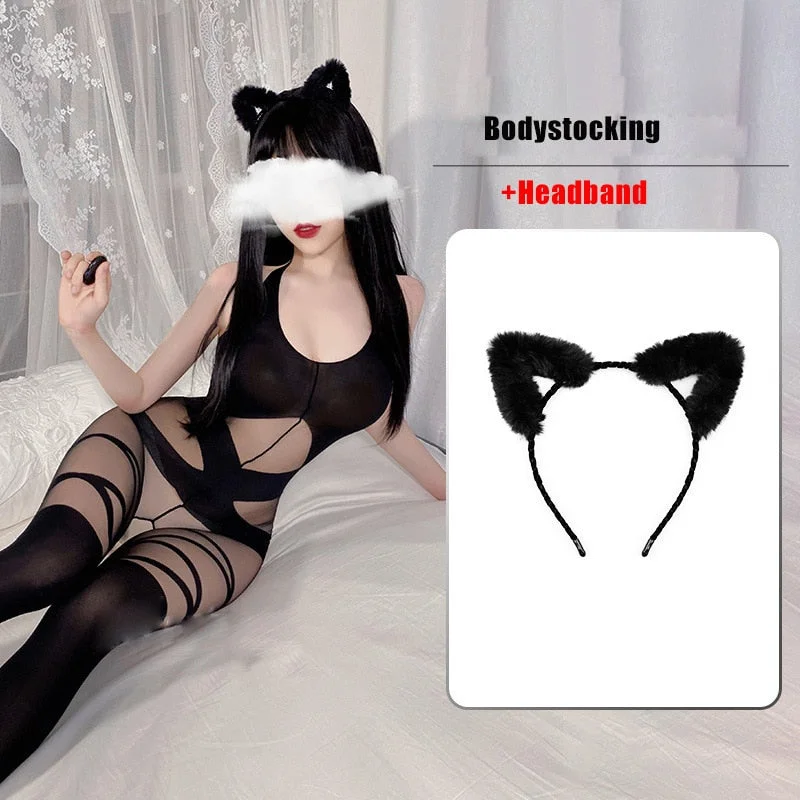 OJBK Women Lingerie Open Crotch Body Stocking Halter Porn Bodysuits Female Elasticity Mesh Hollow Pantyhose Cosplay Costumes New