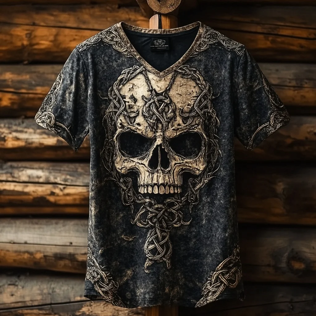 Men's Viking Celtic Skull Runes Linen T-shirt / Rvogue / Rvogue