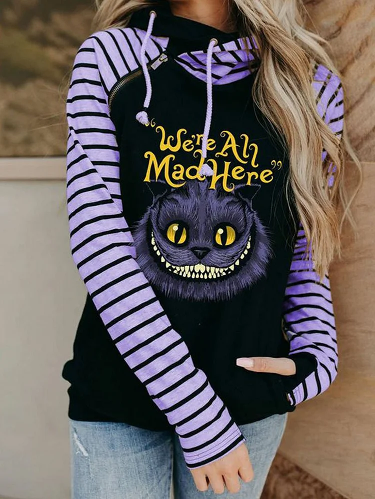 Cat print pullover hoodie women zipper sweater