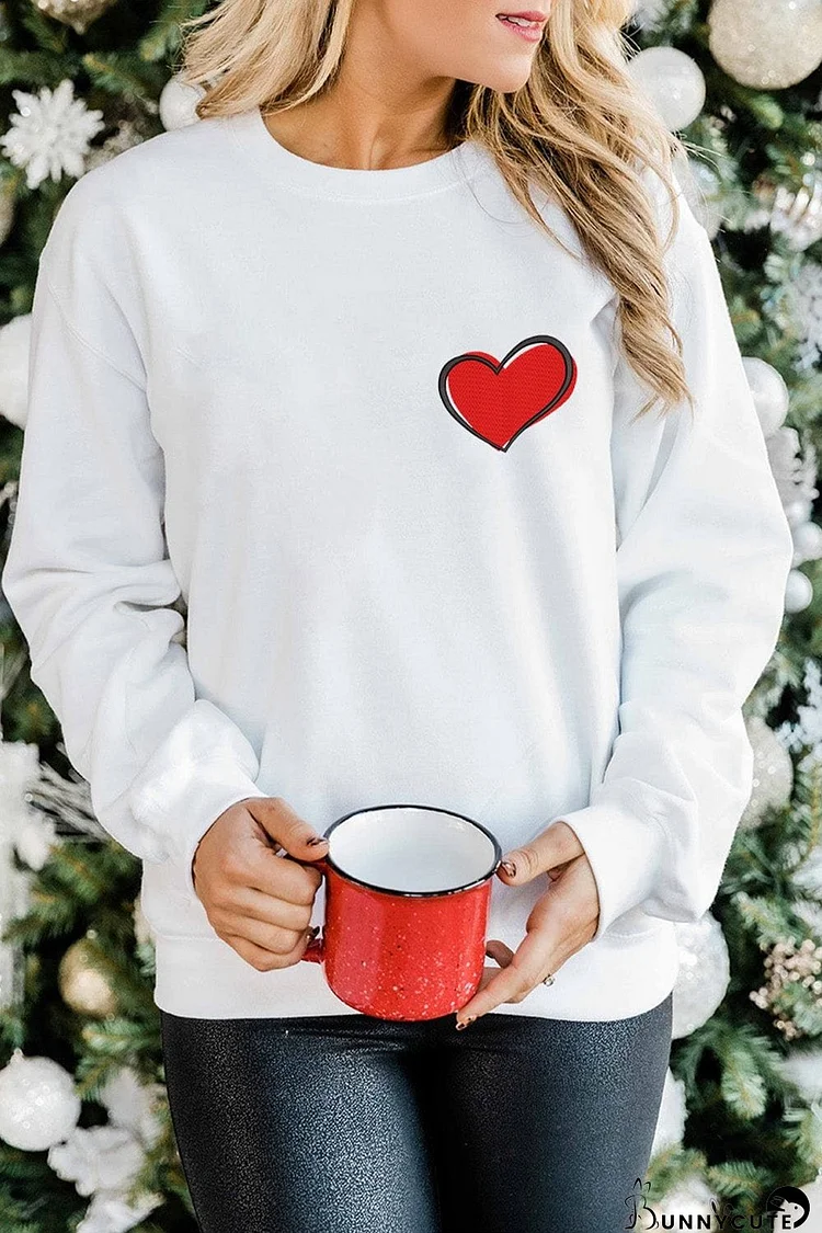 Sweet White Heart Embroidered Cozy Pullover Sweatshirt
