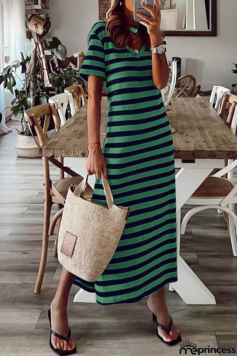 Casual Striped Patchwork V Neck A Line Short Sleeve Dress