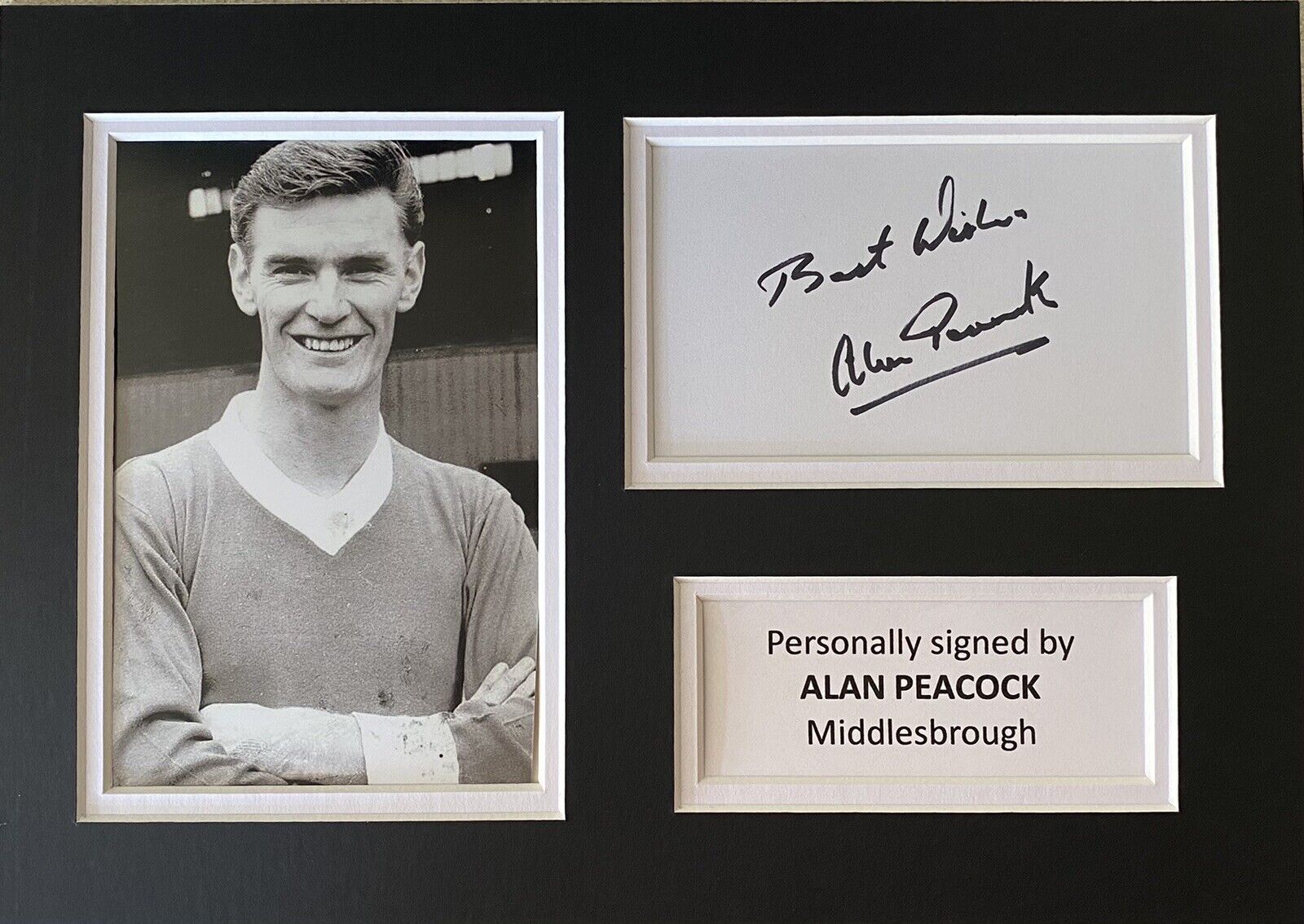 Alan Peacock Hand Signed White Card In A4 Middlesbrough Mount Display