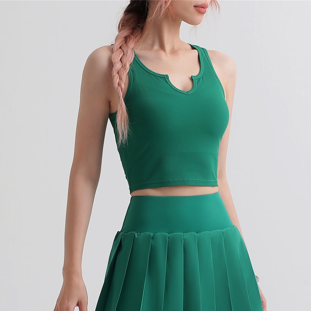 Hergymclothing Green v cut ribbed breathable fitness gym crop tank top vest with removable cups online shopping