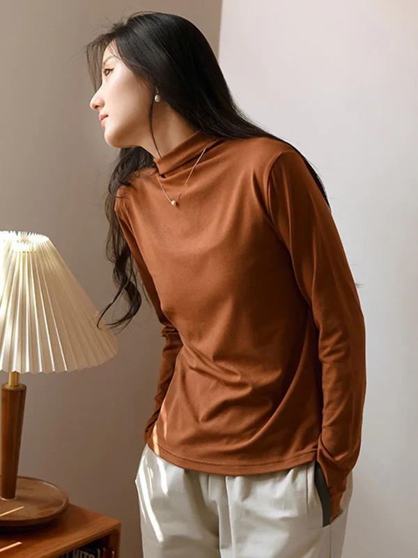 Casual Long Sleeves Elastics Pure Color High-Neck T-Shirts Tops