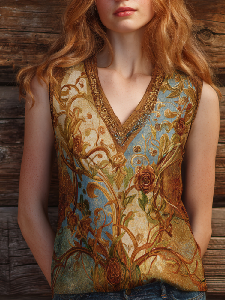 Comstylish Bohemian Three-dimensional Bronzing Western-style Flower Embroidery Pattern Vintage V-neck Sleeveless Top