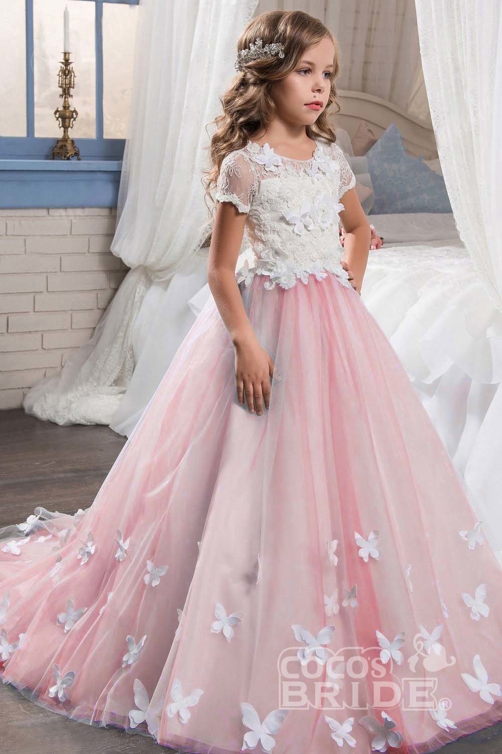 Oknass Pink Scoop Neck Short Sleeves Ball Gown Flower Girls Dress with Lace Buttons