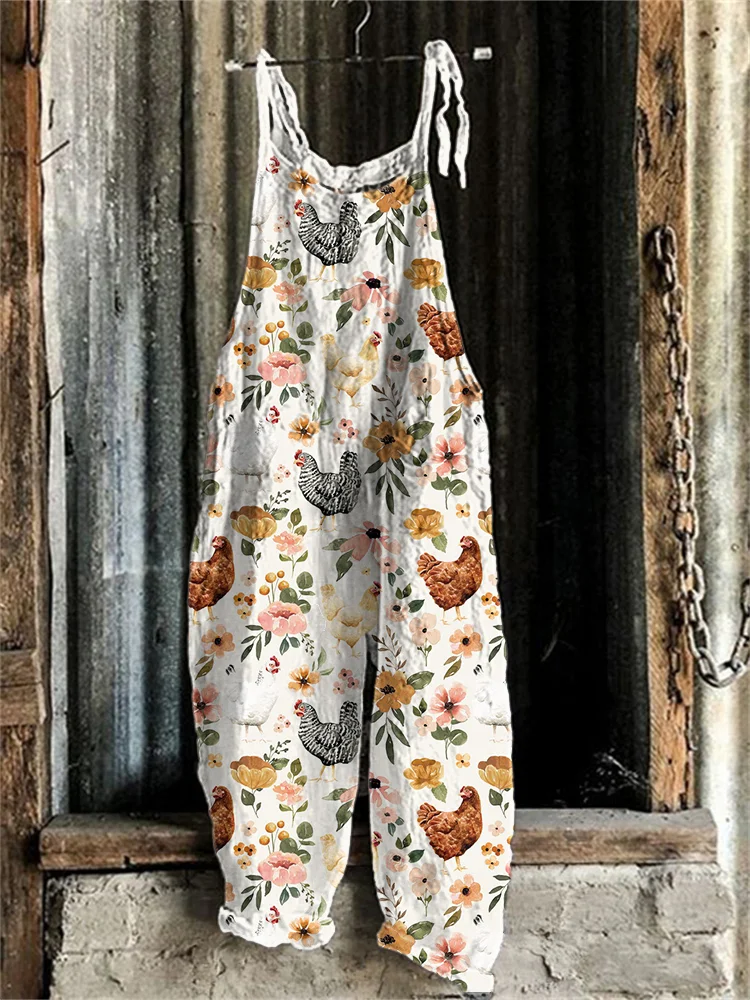Farm Chicken Floral Print Linen Blend Casual Jumpsuit-mysite