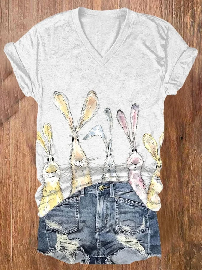 Women'S Watercolor Bunny Print T-Shirt