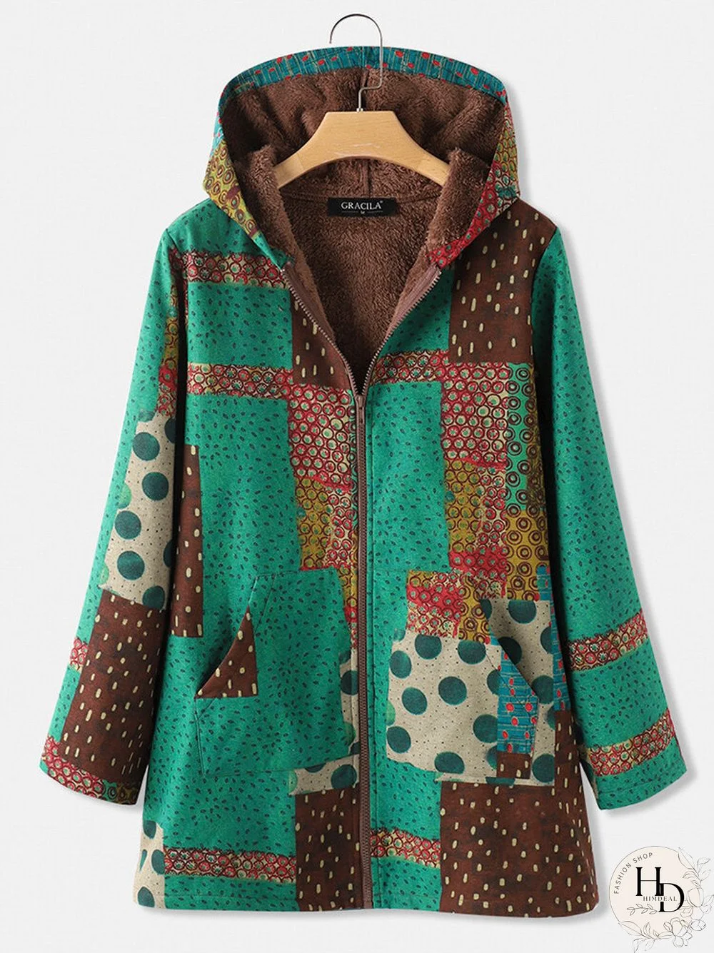 Vintage Printed Long Sleeve Hooded Patchwork Coat For Women