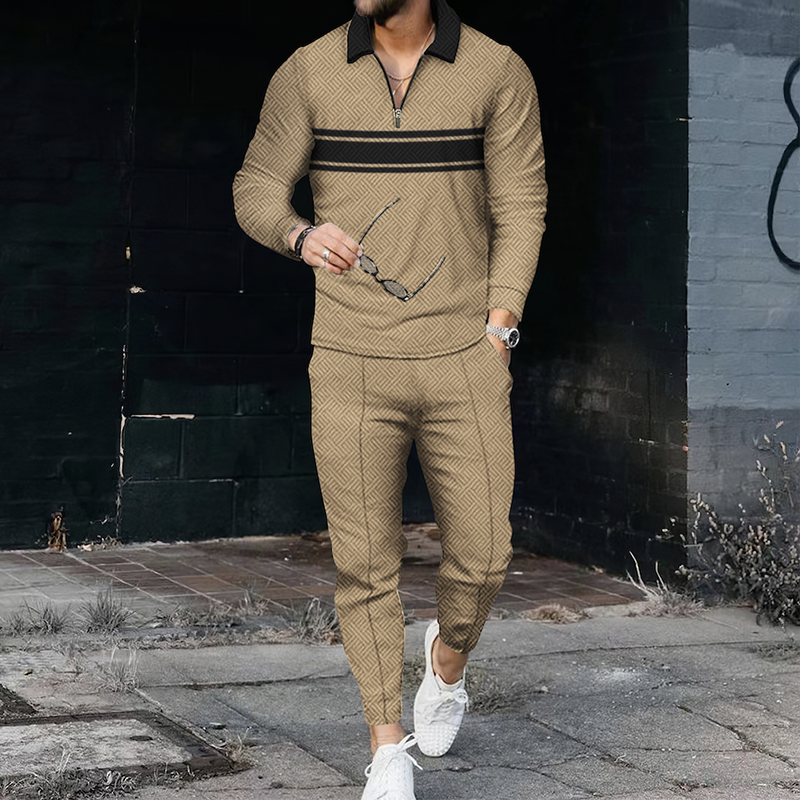 Men's Striped Casual Polo Shirt And Pants Two Piece Set