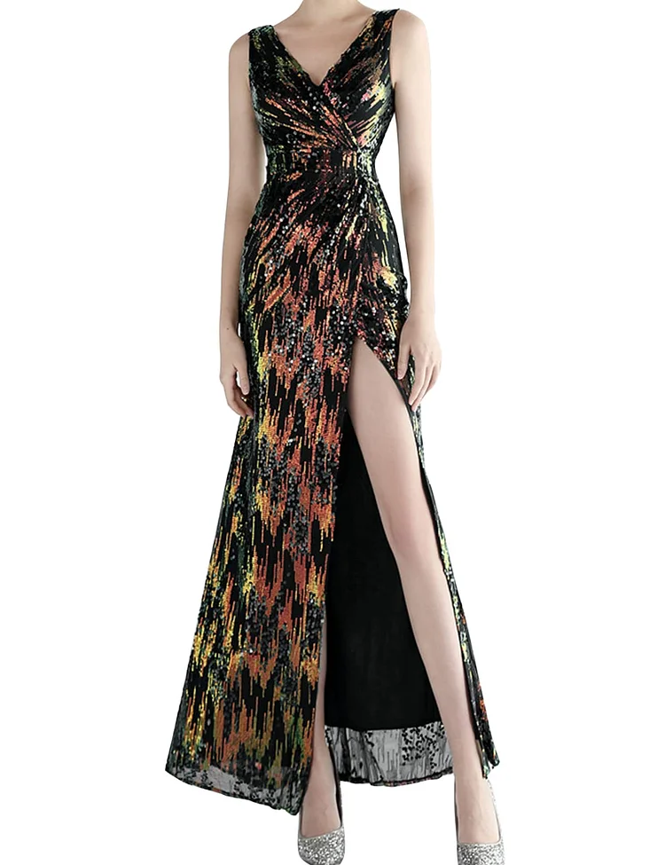 Meilun Formal Dress Side Split Sequin 1920s Gatsby Elegant Long Prom Evening Gowns for Women