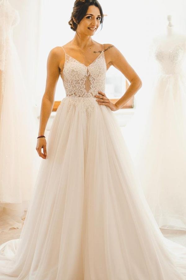 Beautiful Long Spaghetti Straps A-line Wedding Dress With Tulle | Ballbellas Ballbellas