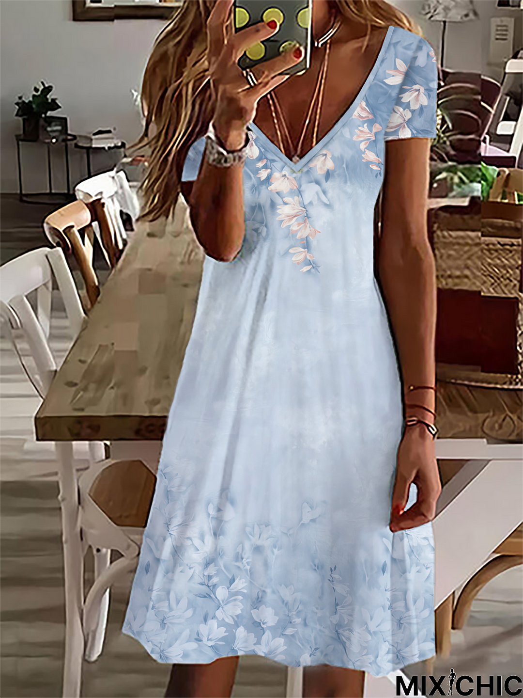 V Neck Casual Short Sleeve Floral Dress