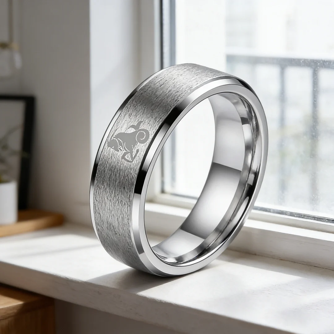 4MM 6MM 8MM Sliver Capricorn Tungsten Carbide Rings Prints Laser Design Open Steps Tungsten Wedding Bands