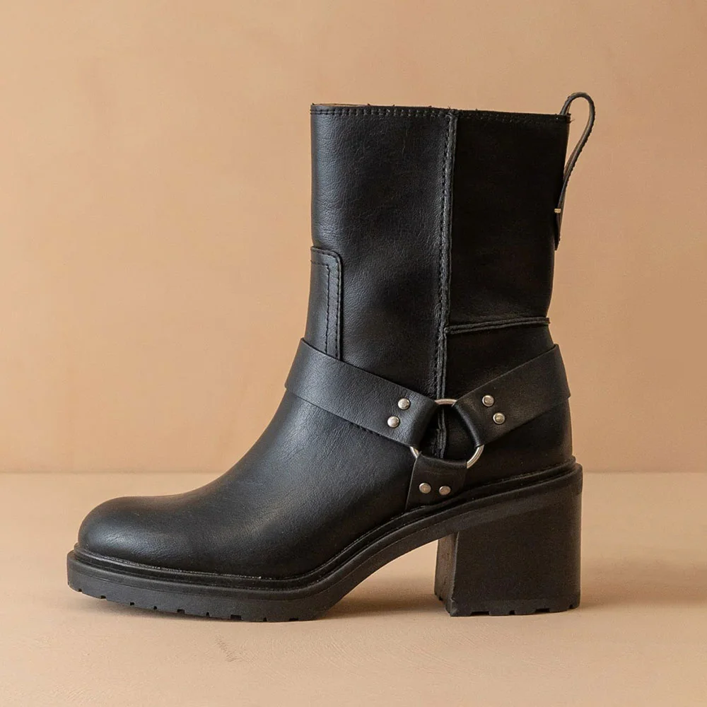 Black Faux Leather Round Toe Side Zipper Buckle Chunky Heel Boots