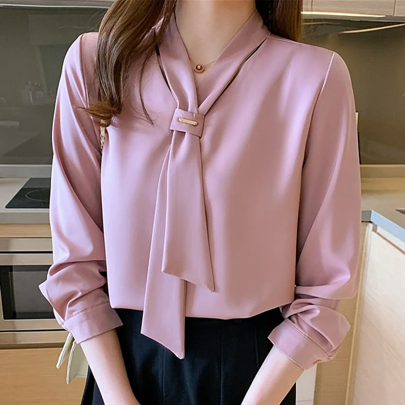2022 Spring New Fashion Chiffon Women Blouse Office Lady Long Sleeve Solid Women Shirts with Tie V Neck Loose Female Clothing